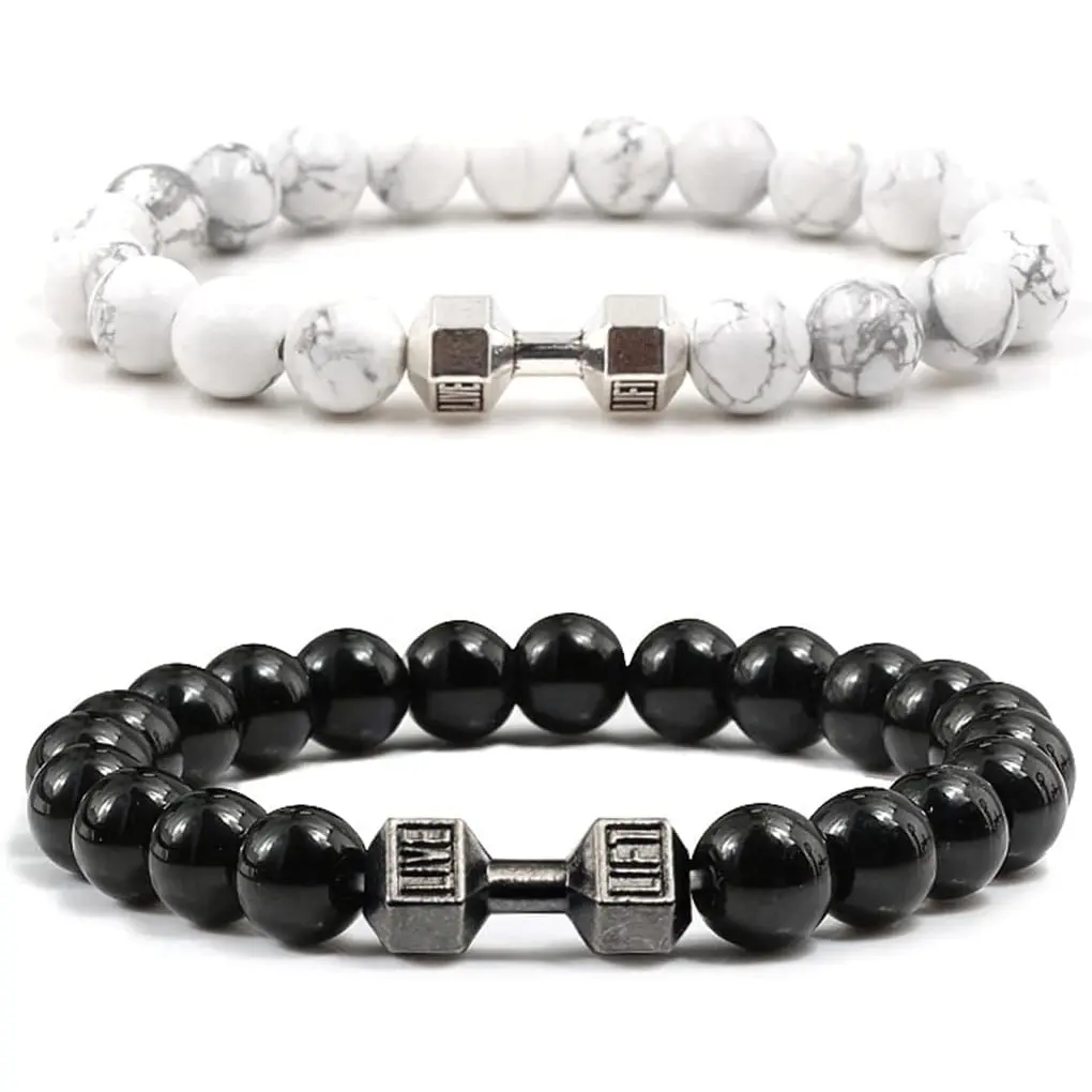 Black Dumbbell Bracelet for Men Gym Bros Bracelet Volcanic Lava Stone Adjustable Natural Stone Beads Bracelet Fitness Barbell Jewelry for Men