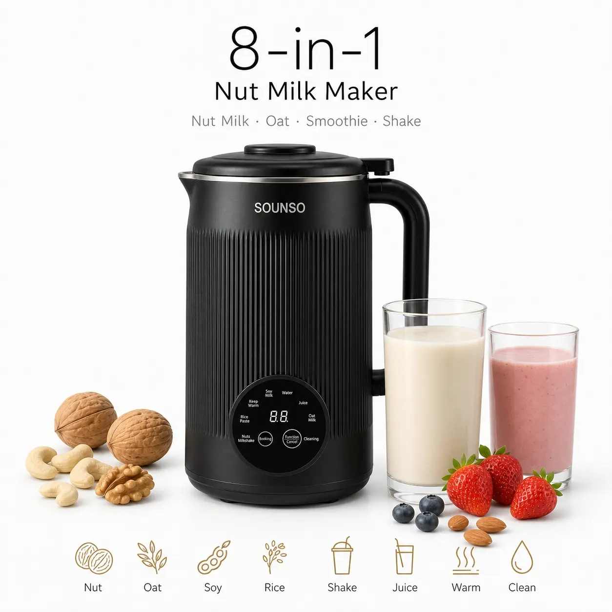 8-in-1 Plant Milk Maker, 40oz Large Capacity Nut Milk Maker for Homemade Soy Milk, Oat Milk, Almond Milk, Smoothies, Baby Food, Keep Warm and Self-Cleaning, BPA-Free for Everyday Family Kitchen Use