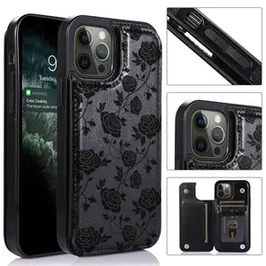 Black Rose Faux Leather Wallet Smartphone Cover - Slim Shockproof TPU Protector, 3 Card Slots, Handheld Accessory for iPhone 17/16/15/14/13/12, Creative Replacement Gift for Device Protection