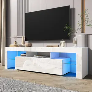 Modern TV Stand with LED and 2 Drawers, TV Stand for TVs up to 70", Glass Partition, Entertainment Center, TV Console
