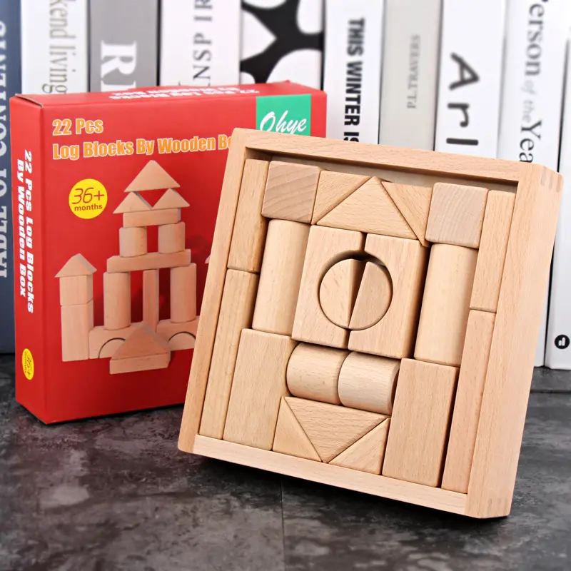 HATWOO Classic Geometric Wood Building Blocks, 22-Piece Stacking Toy with Shape Sorter Bucket for Toddlers, Girls & Boys 3 - 4 Years, Promotes Toddler Learning Activities, Balancing Skills & Children Development, Indoor Play, Party, Toddler Toys