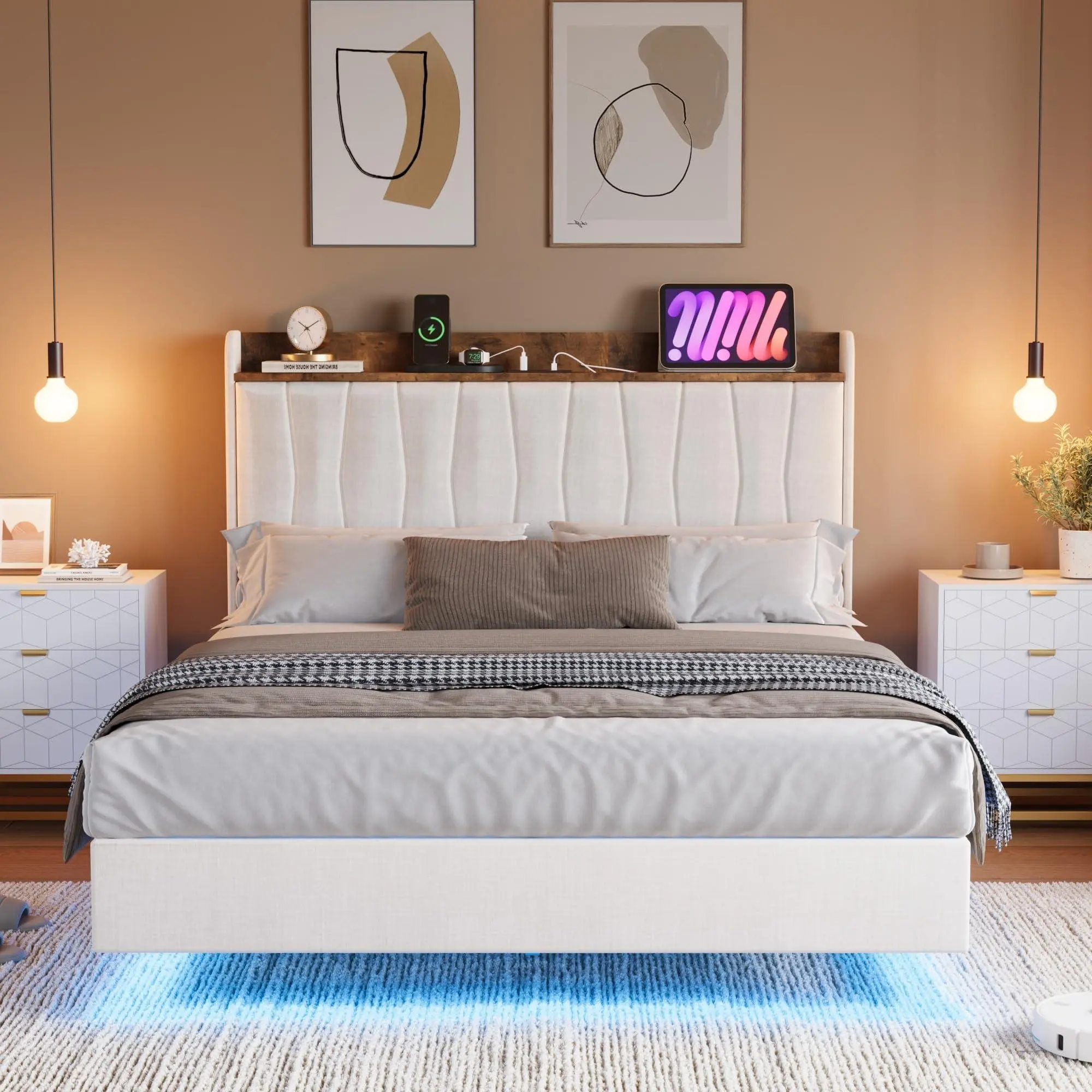 Full Size Linen Fabric Upholstered Storage Floating Bed Frame - Modern Bedroom Led Bed Frame with Built-in Charging Station, Led Light Headboard, No Box Spring Needed, Easy Assembly, White