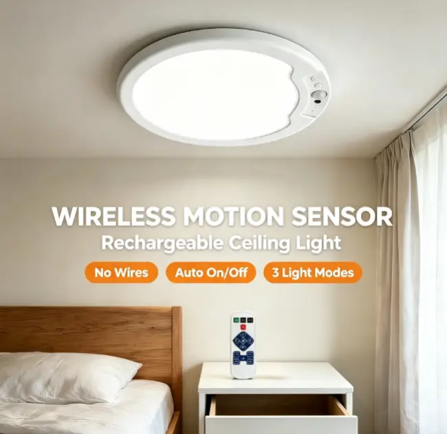 Battery Operated Motion Sensor Ceiling Light, Magnetic Wireless LED Light with Remote Control – Stick-On Rechargeable Wall/Ceiling Light for Closet, Hallway, Stairs, Shed, Basement, Porch, Patio