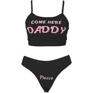 Multitrust Sexy Women Come Here Daddy Please Strappy Lingerie Set 2PCS Underwear Tank Tops and Panty Pajamas Sleepwear Comfortable Two Piece springtok