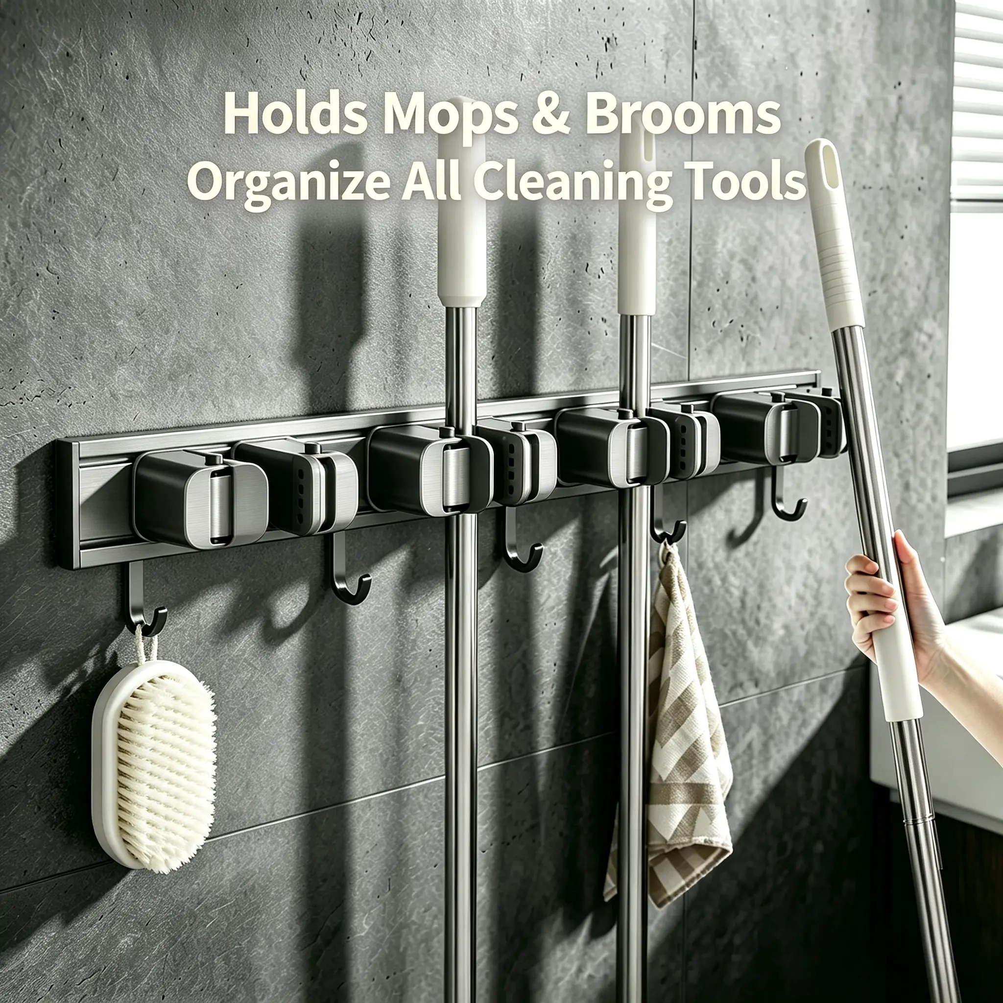 Heavy Duty Mop Holder Wall Mount - Anti-Slip Broom Organizer with 5 Clips & Hooks. No Drilling Required Cleaning Tool Hanger for Home Organization. Sleek Gunmetal Finish