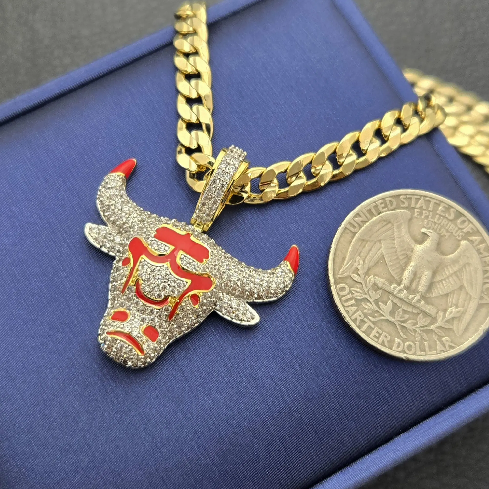 MaxBling81 AAA+ CZ High-End Brass Bull Iced Pendant with 14K Stamped 4mm Cuban Chain Necklace, 20" or 24" Length, Gold Statement Chain