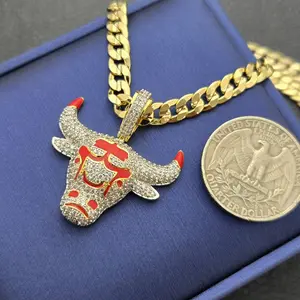 AAA+ CZ HIGH-END BRASS BULLS BULL ICED PENDANT & 14K STAMPED 4mm 20" 24" CUBAN CHAIN NECKLACE