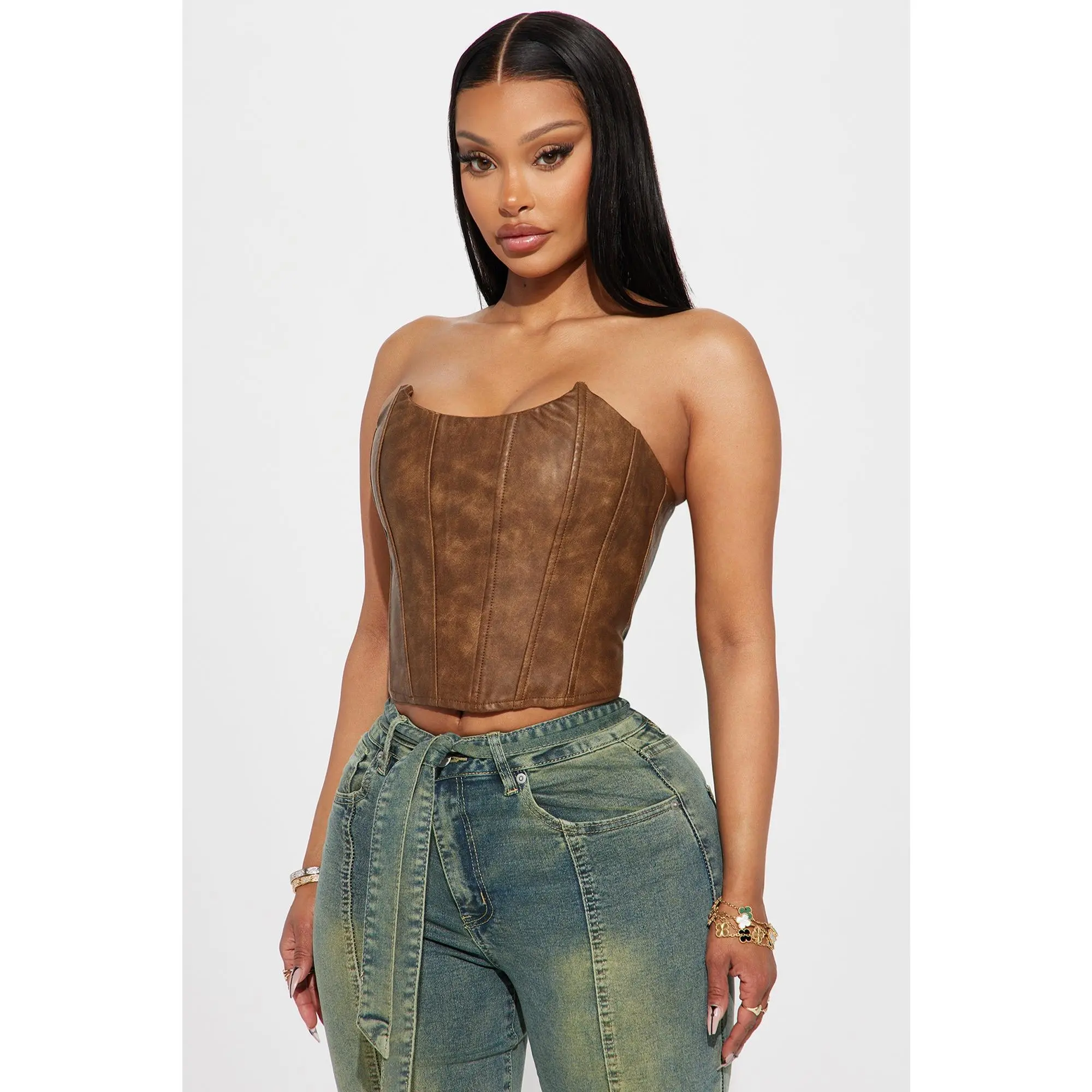 My Way Washed Faux Leather Corset Top - Brown