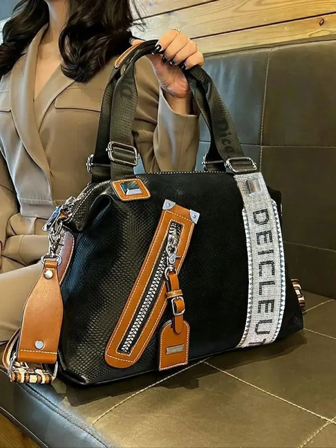 Women's Elegant Rhinestone Letter Decor Tote Bag, PU Leather Satchel, Trendy Vintage Large Capacity Shoulder Everyday Bag for Women, All-match Crossbody Bag for Daily Use, Fashionable Bags, Stylish Versatile Bag
