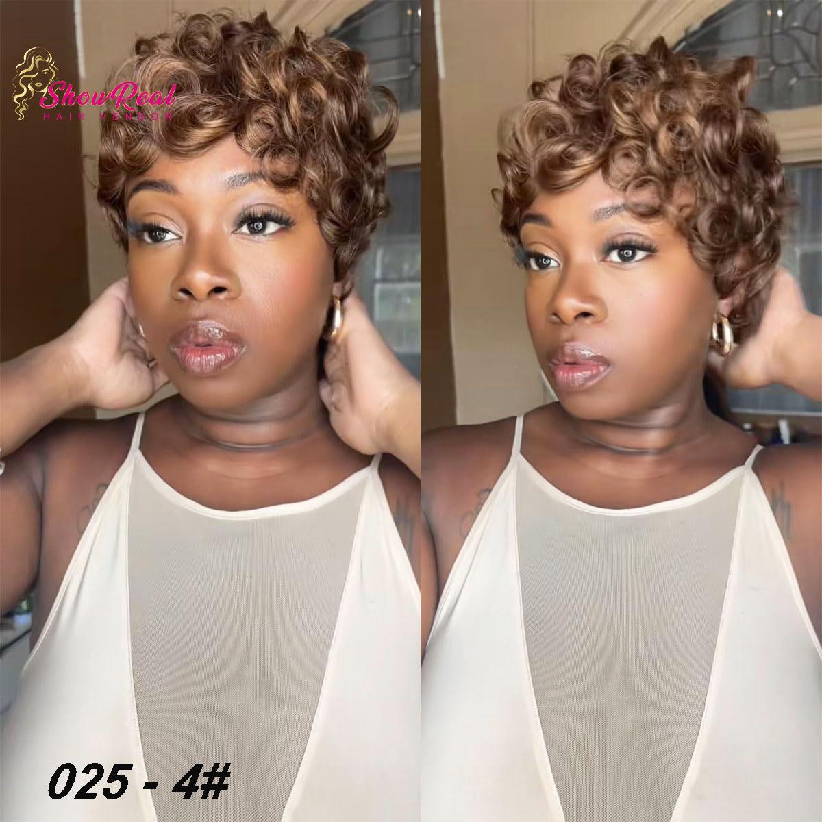 ShowRealHair Chioma Pixie Cut Wigs Pin Curl Pixie Cut Wig for Black Women Short Bomb Curly Wigs Brazilian Virgin Human Hair Short Pixie Cut Glueless Wigs SpringStatements#SummerVibes