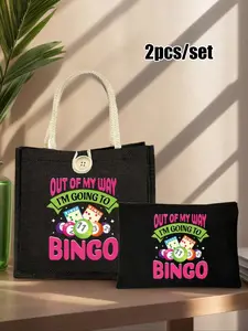 Billiards lottery themed handbag set, Fashionable patterned bag, bingo women's handbag and wallet set, large capacity, hand washable, lined, casual shoulder carry design, printed with "I want to play bingo", lottery themed
