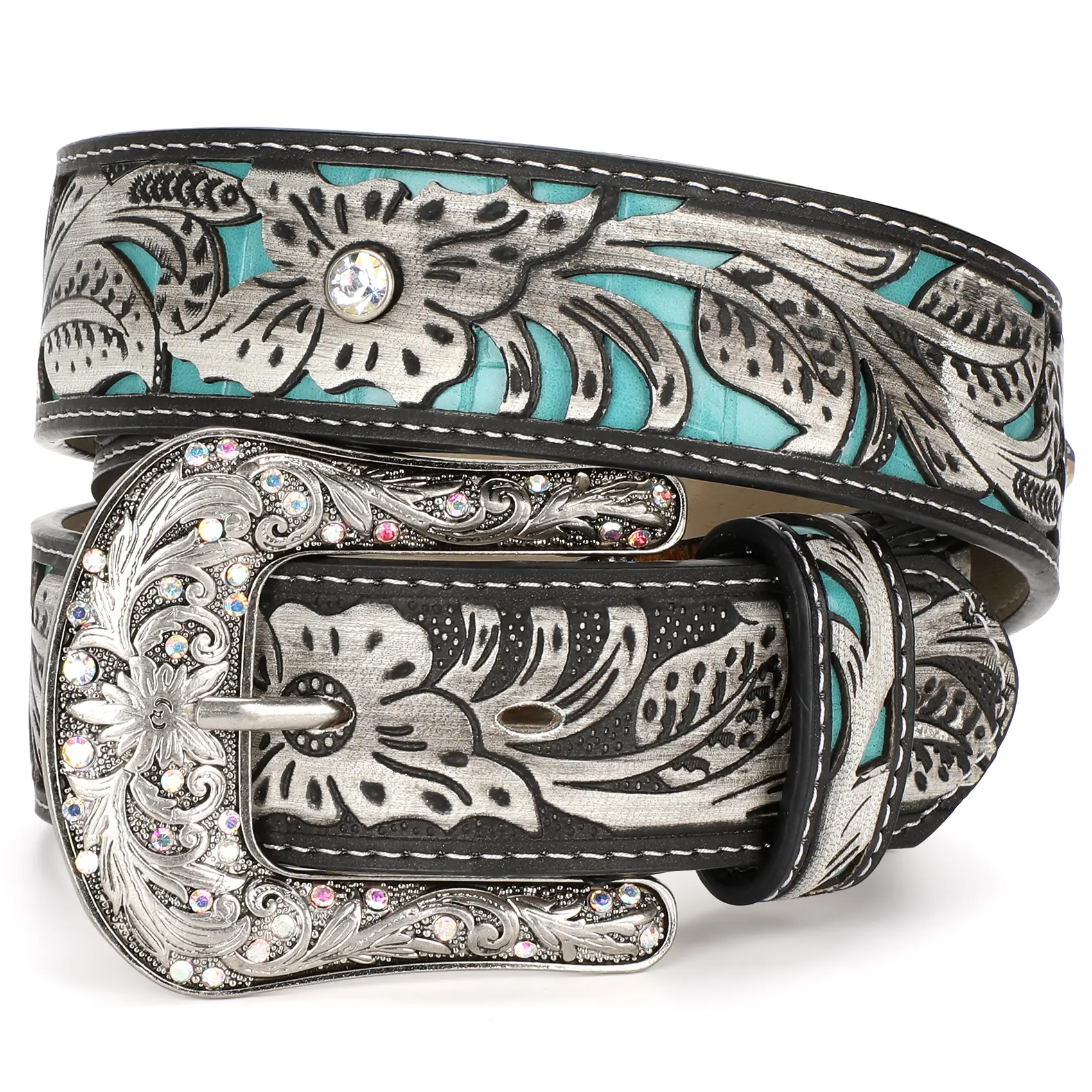 XZQTIVE Cowboy-Inspired Leather Belt - Bling Western Belt with Intricate Floral Embossing, Rhinestone-Encrusted Turquoise Longhorn Buckle, Boho Style, Western Accessories for Cowboy Cowgirls