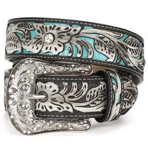 XZQTIVE Unveils Timeless Western Glamour: A Versatile, Cowboy-Inspired Leather Belt Adorned with Intricate Floral Embossing & a Captivating Rhinestone-Encrusted Turquoise Longhorn Buckle for All Boho Leaf Embossed Western Belt