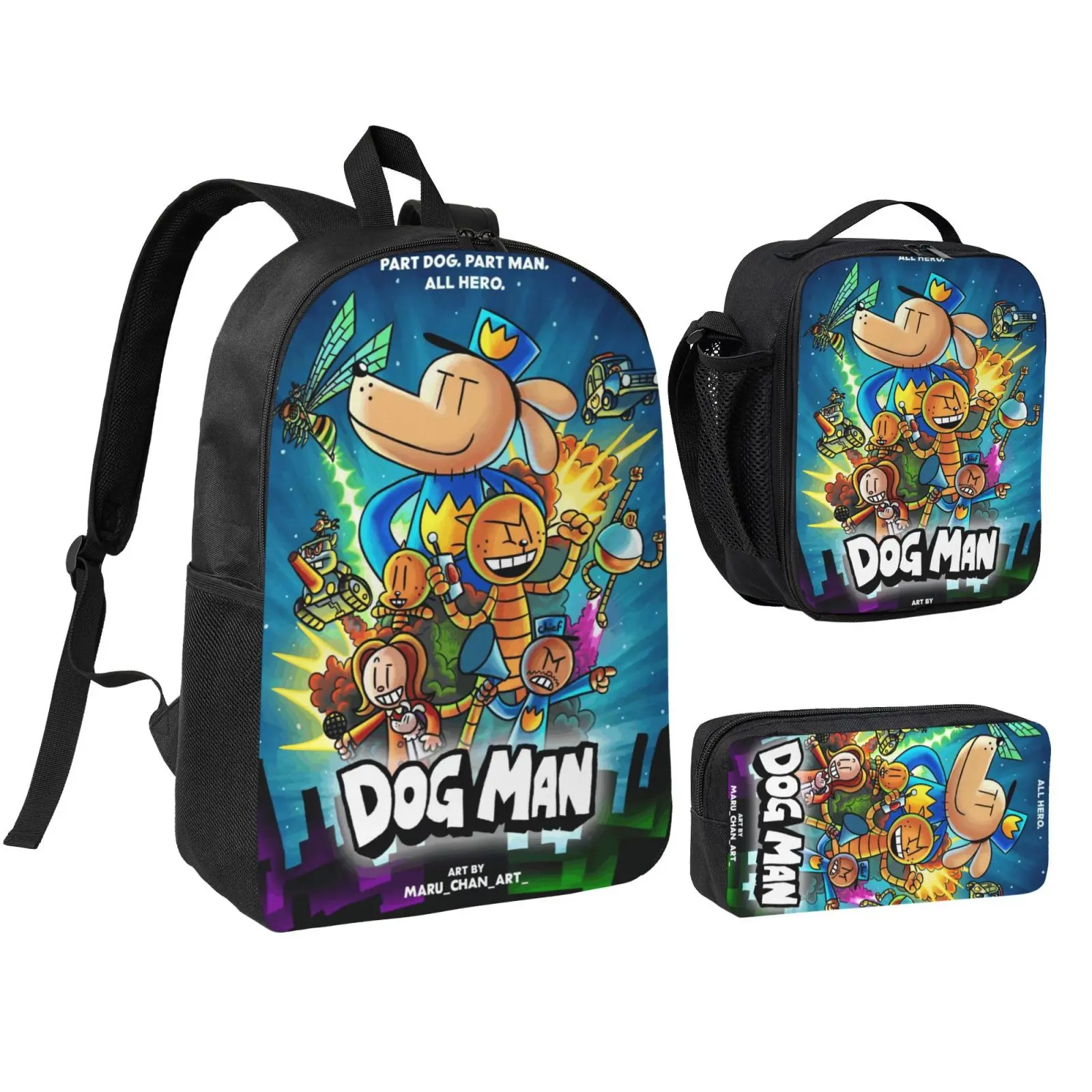 Dog Man Lightweight Backpack Set With Lunchbox And Pen Pouch A Great Backpack For Traveling 17inch Rucksack Petey the Cat Daypack Dav Pilkey lunchbag