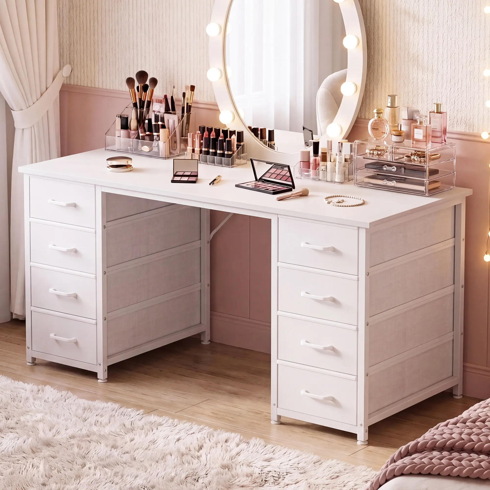 AODK 48-Inch White Dressing Table - High-Quality MDF Makeup Vanity Desk with 8 Fabric Drawers for 8-Drawer Sorting, 48" Wide Work Zone, Modern Glam Style, Versatile Bedroom Storage, Assembly Required