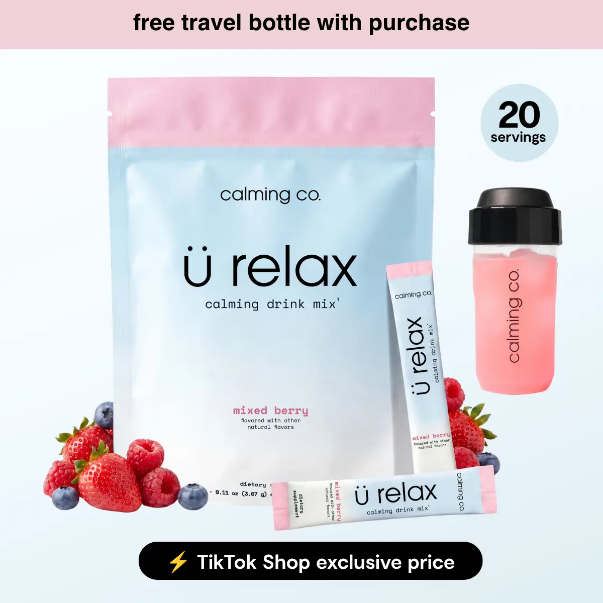 Ü Relax 2.0 | Mixed Berry | Calming Drink Mix | Bluenesse Lemon Balm, KSM-66 Ashwagandha, Chelated Magnesium Glycinate, L-Theanine & Vitamin D3 | Dual-Action Cortisol Support for Stress-Relief | Calming Co.