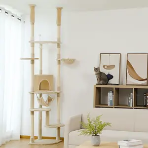 Floor Standing Cat Tree , 92.9"-101.6" Height Adjustable with Scratching Post, Comfort Nest, Perch and Large Hammock