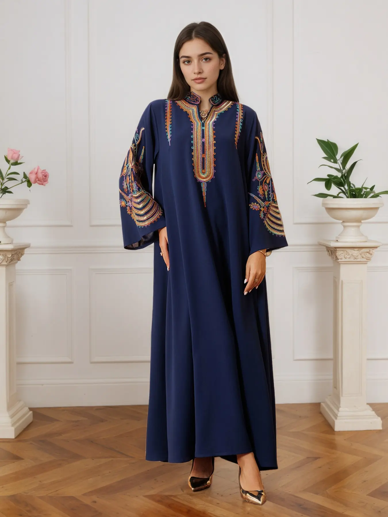 Elegant Muslim Women's Long Robe, Islamic Muslim Clothing, Beaded Embroidery Design, Suitable for All Seasons, Stylish and Comfortable Clothing, Modest Muslim Outfits, Traditional Arabic Robe, Islamic Modesty Clothes