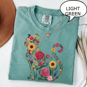 Comfort Colors Wildflower Cat T-Shirt, Nature Lover TShirt, Cat Lover Gift, Floral Cat Tee, Animal Lover Gift
