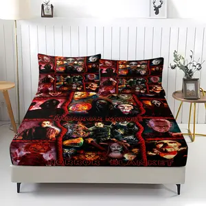 Horror movie printed pattern bed sheet, comfortable printed pattern, including 1 bed sheet and 2 pillowcases, comfortable bedding, anti slip dust cover suitable for bedrooms and guest rooms, suitable for children and adults as gifts