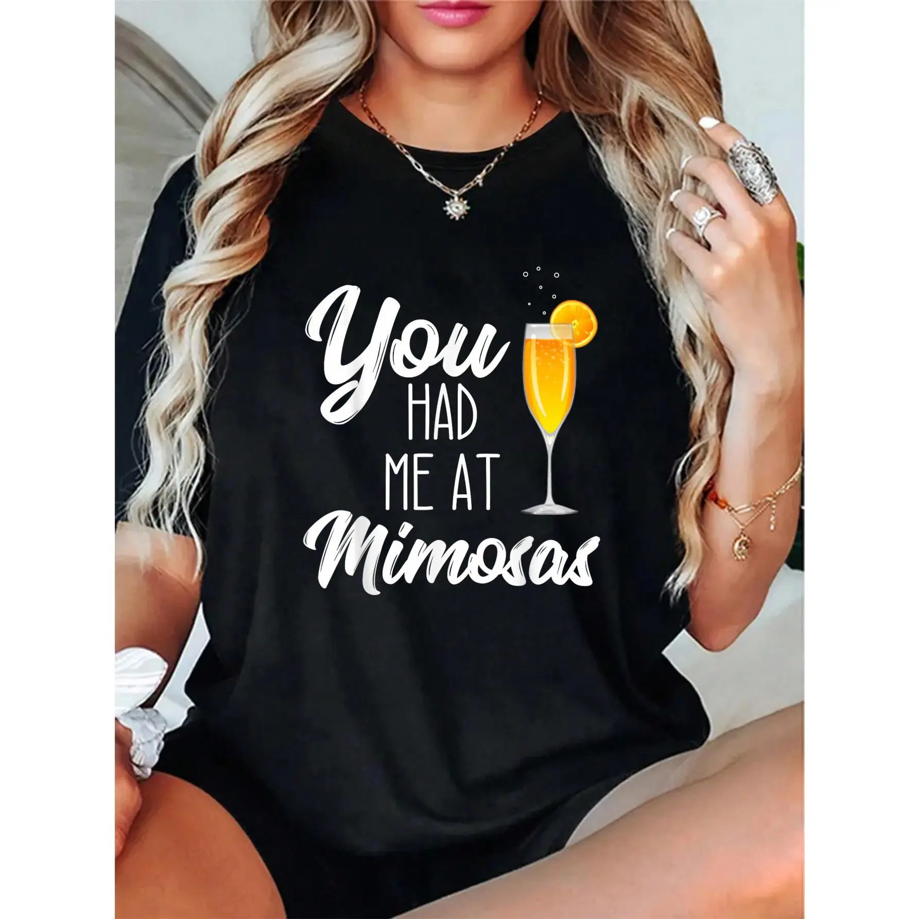 Women's 100% Cotton Breathable Fabric Short Sleeve Unisex Casual T-Shirt - "You Had Me at Mimosa" Funny Brunch Sunday Funday Tee, Everyday Fit, Positive Mind Positive Vibes, Shortsleeve, Comfy, Love, Cute, Print, Round Neck, Soft, Style, Tops, Short Sleev