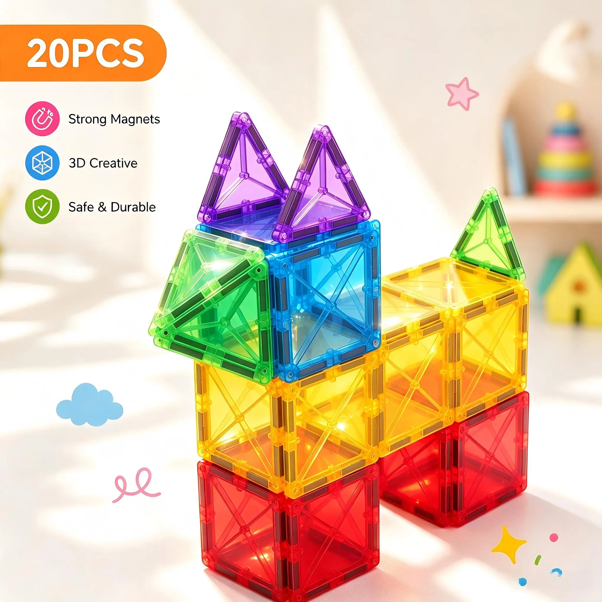 20PCS Mini Magnetic Tiles Travel Toy Set, Magnetic Building Blocks for Toddlers & Kids, STEM Educational Toy, Halloween Gift & Party Favor, Ages 3+