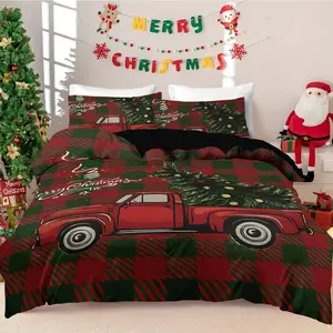 Merry Christmas Theme Bedding Set, Truck Christmas Tree Pattern, Includes 1 Duvet Cover & 2 Pillowcases, No Filling, Unique Zipper Closure Design, Suitable for Bedrooms, Hotels, School Dormitories, Perfect Gift for Christmas, Soft Bedding Sets