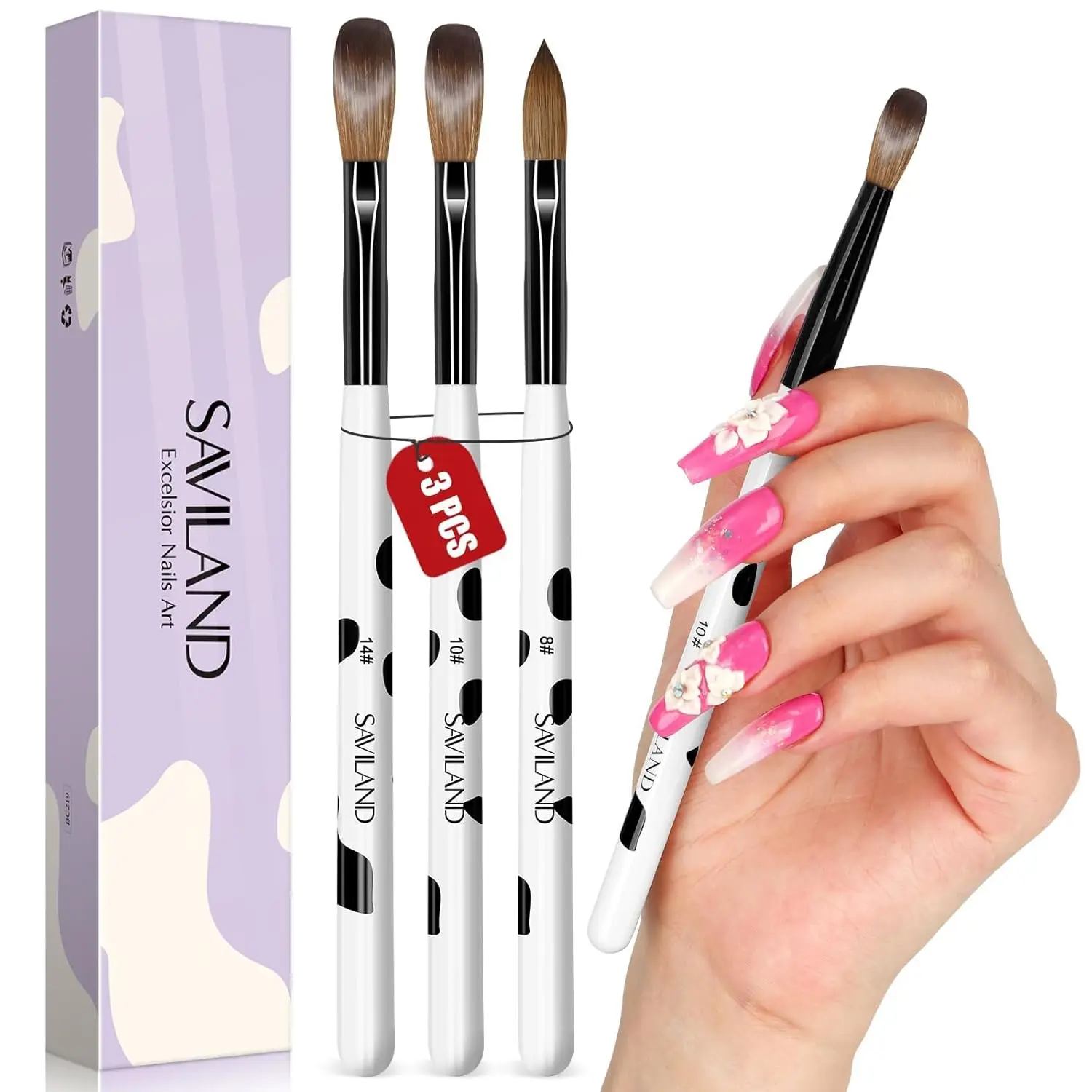 Saviland 3pcs Acrylic Nail Brush Set, Size 8/10/14 Kolinsky Acrylic Nail Brushes for Acrylics Application, Acrylics Powder Nails Art Extension with Black & White Handle for Beginner & Professional