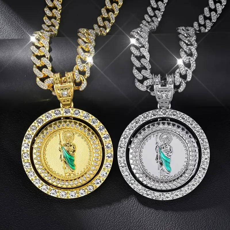 Shining Religious Rotating San Judas Tadeo Chain Pendant Necklace, Hip Hop Jewellery with Ice Cuban Chain, Unisex Style Shareable Look Costume Jewelry, Ideal for 2 Key Occasions, W/ Boutique Gift Box, Chain Pendant Design Necklaces