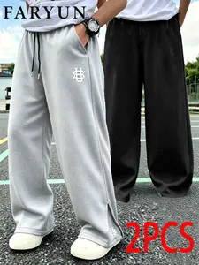 Ffaryun Men's Y2K Embroidered Casual Pants, Thickened Drawstring Waist, Side Pockets, Loose Fit, Street Style, All Seasons, Unisex