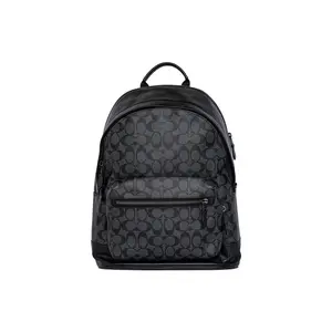 Coach West 35 Classic Zippered Large Capacity Monogram Coated Canvas and Calfskin Backpack for Men in Black