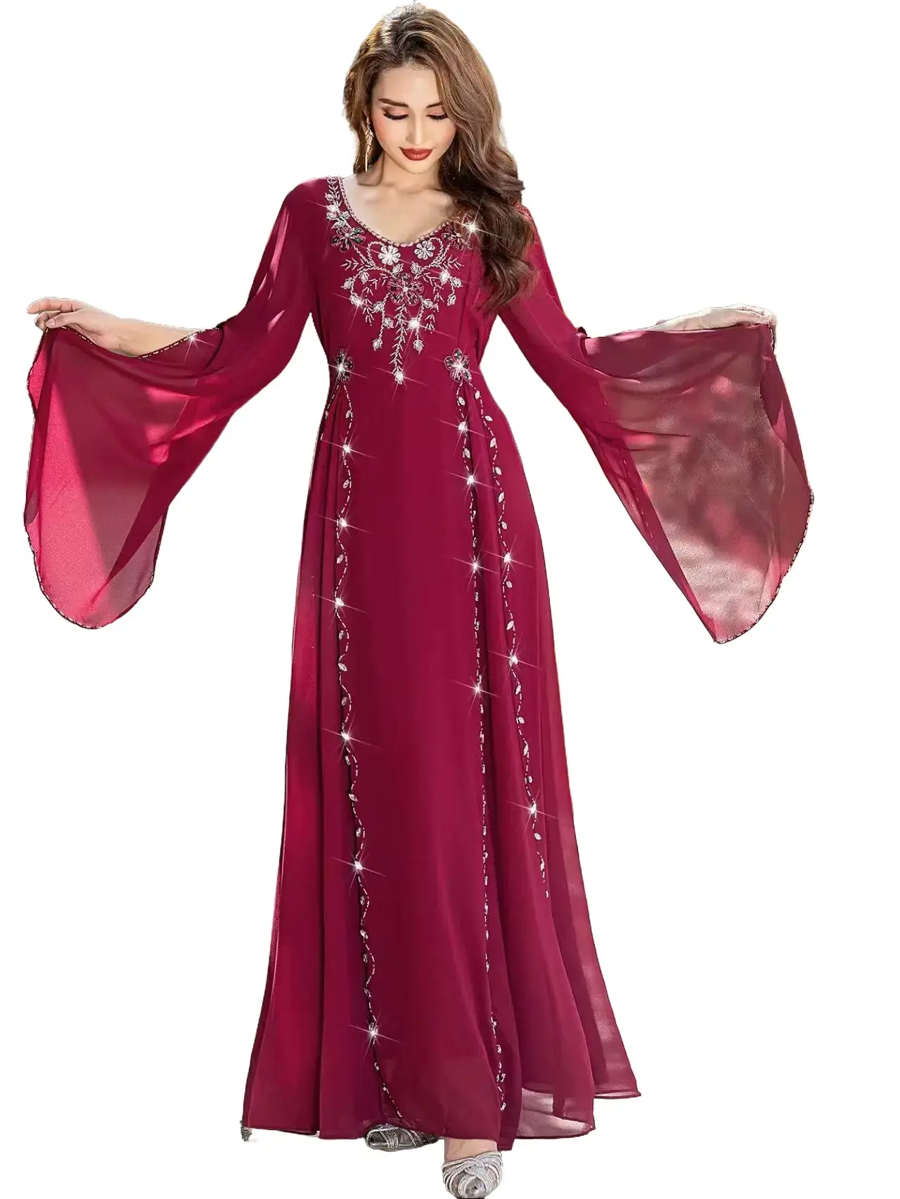 Women's Formal Dresses, Handmade Embroidered Abaya with Sparkling Stone Details, Elegant Flared Long Sleeve Qatar Style, Flowers, Wedding, Dresses For Women, Elegant Dresses For Women