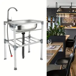 Utility Stainless Steel Utility Sink, Detachable Freestanding Kitchen Sink Single Bowl,Sink Free Standing Single Bowl Kitchen Sink with Cold  Water Pipe Stainless Steel Sink, Portable Business Outdoor Sink for Laundry Backyard Garage