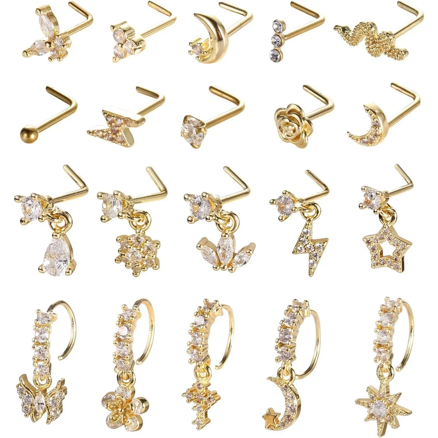 MILAKA 20-Piece Nose Jewelry Set for Women, Chic Graphic Studs & Dangle Rings, Gold & Silver Plated Stainless Steel, Lightweight Female Body Jewelry, Kit Nose Piece, Chic Body Jewelry