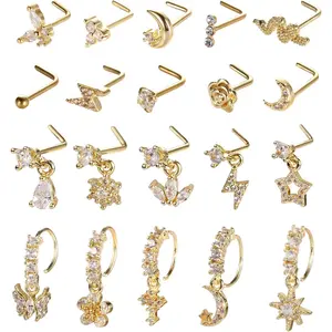 MILAKA 20Pcs 20G Star Butterfly L-Shaped Dangling Nose Ring Stainless Steel Flower CZ Studs for Women Hoops Nose Piercing Jewelry Gold/Silver Options