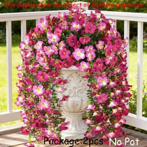 Artificial Fake Hanging Flowers Plants for Outdoor Spring Decoration,2 PCS Faux Silk Morning Glory with Eucalyptus Leaves,UV Resistant Realistic Trailing Vines for Balcony Porch Patio Yard Garden, Artificial Flower Arrangements, Faux Floral Arrangements