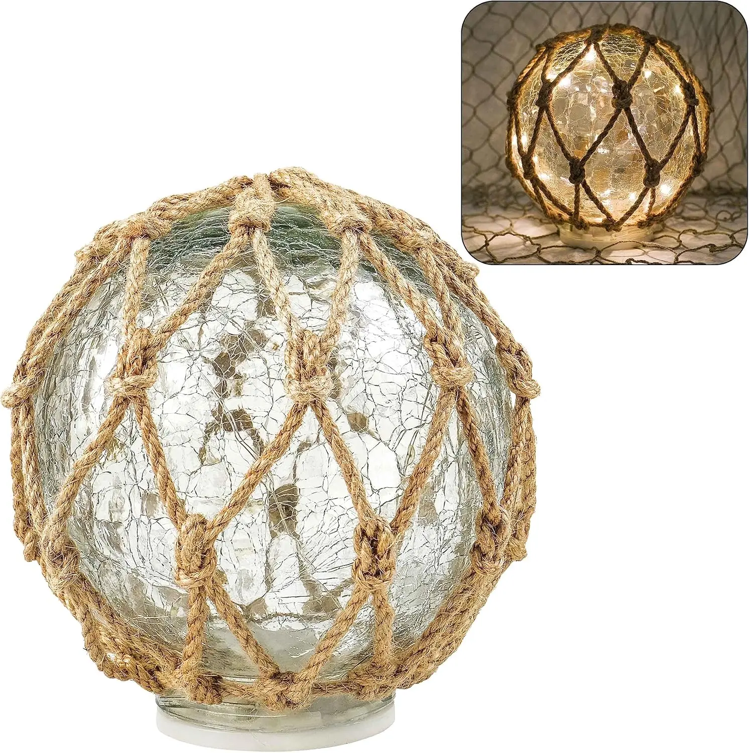 Glass Fishing Float Nautical Lamp Coastal Beach  Cracked Glass Ball Night Light 6"