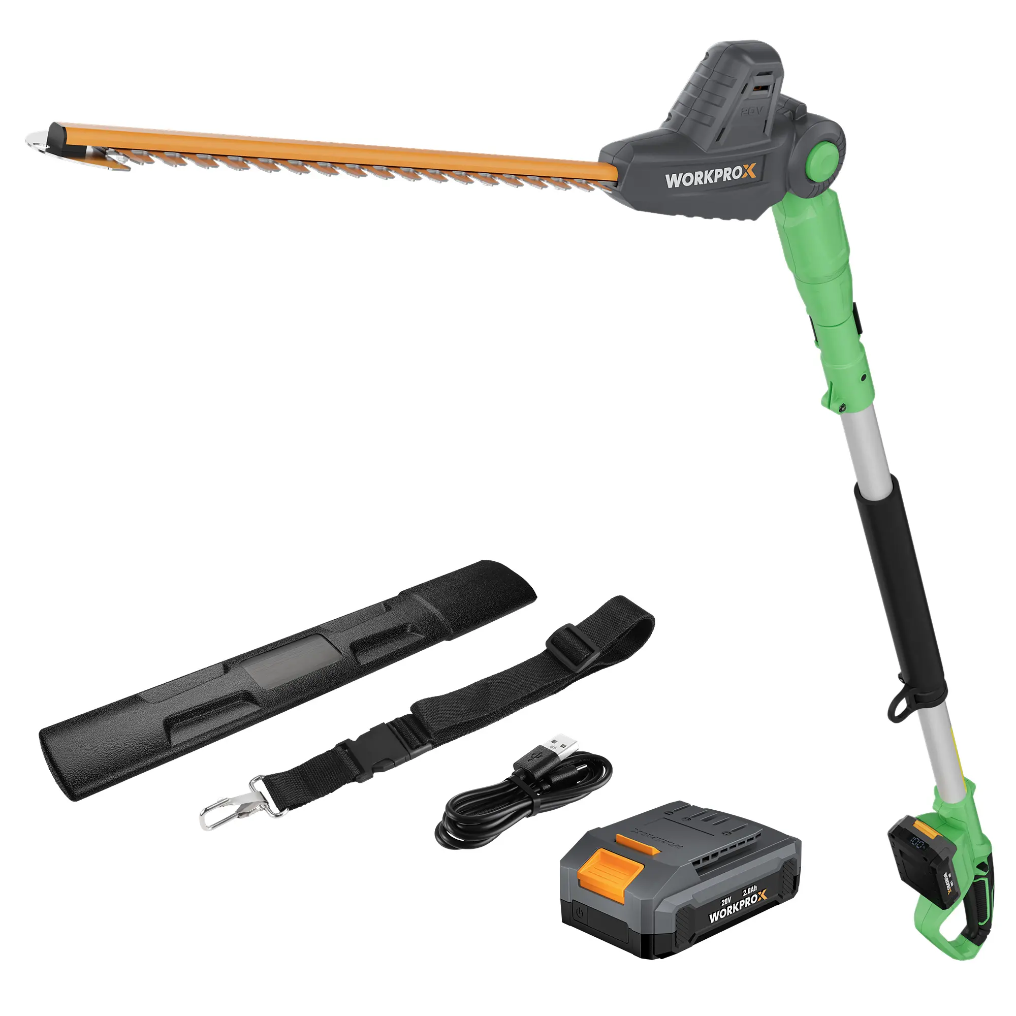 #summersale WORKPROX 20V Cordless Pole Hedge Trimmer, 9.2-Feet Reach, 11 Rotating Head, Electric Hedge Trimmer with Extension Pole, Great for Shrubs, Bushes, 2.0Ah Battery & Charging Cable Included