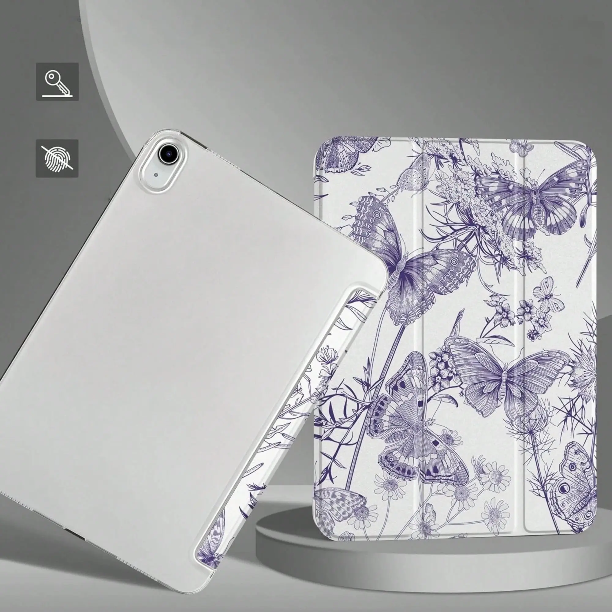 1pc White Base Purple Line Art Butterfly & Floral Print Shockproof TPU Tri-fold Stand Tablet Case with Clear Back & Pencil Holder, Compatible with iPad 10.2 inch (7/8/9 Gen), Air3/10.5, iPad 10/11, iPad 5/6/Pro 9.7, Air1/Air2, Air4/Air5/Pro 11 inch