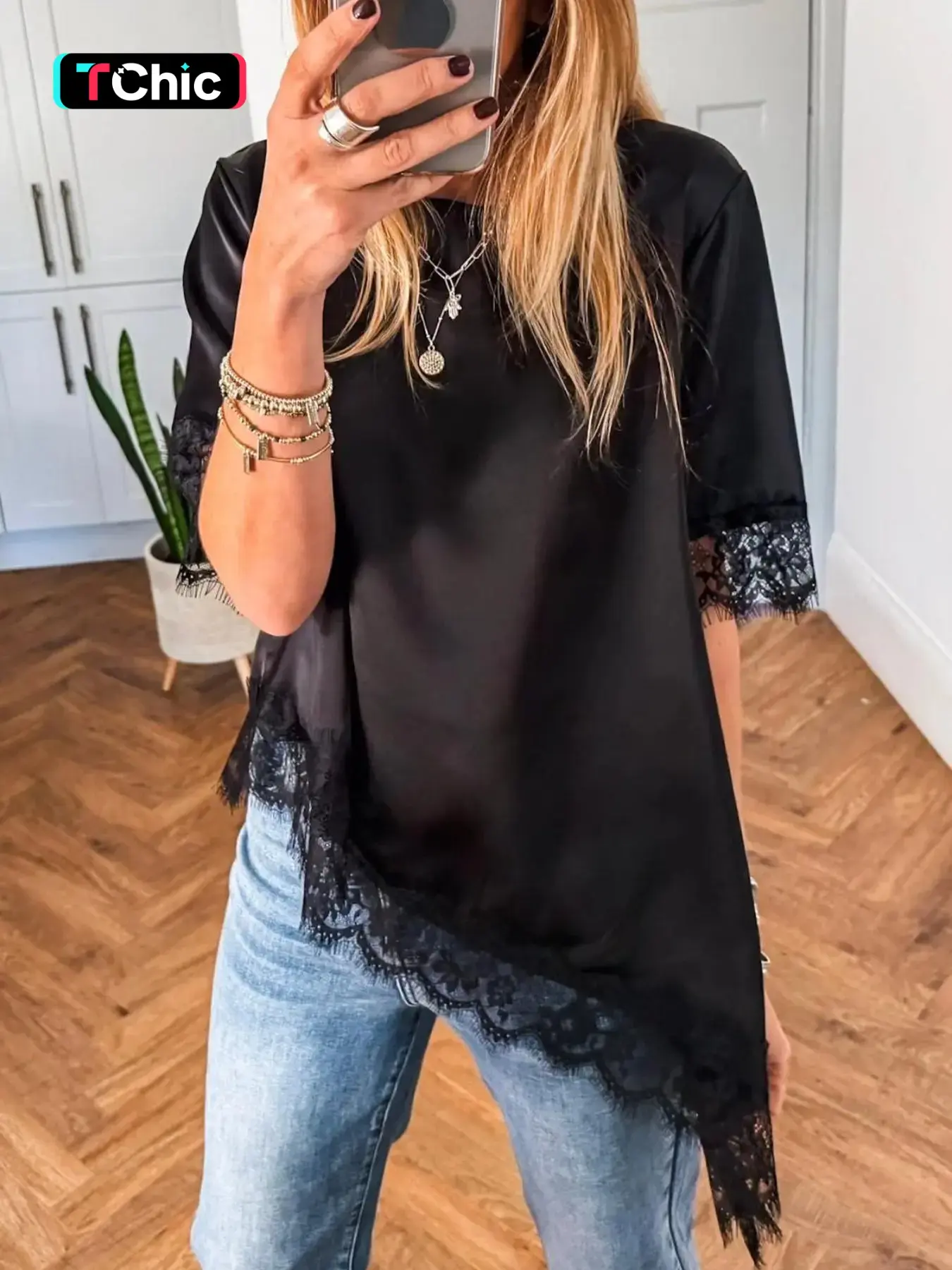 Summer Fashion Aesthetic Asymmetric Lace Trim Short Sleeve Satin Top for Casual Wear, Women's Stylish Clothing