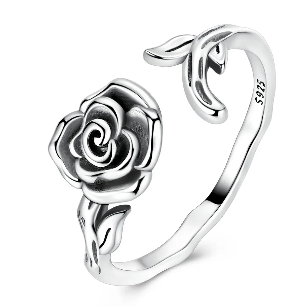 NARMO Women's 925 Silver-Plated Rose Flower Ring, Elegant Adjustable Open Band, Everyday Costume Jewelry Gift for Birthday, Elegant Everyday Ring