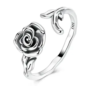 NARMO S925 silver plated rose flower open ring, adjustable floral jewelry, the best gift for girls and women, suitable for birthdays, Valentine's Day, anniversaries, Christmas, graduations