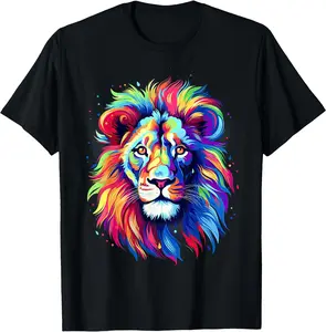 Cool Lion Graphic Shirt Streetwear Top - Colorful Lion Spirit Animal Multicolor Art Leo Lion T-Shirt - 100% Cotton Men & Women Relaxed Fit T-shirt Crewneck Breathable Short Sleeve Classic Style