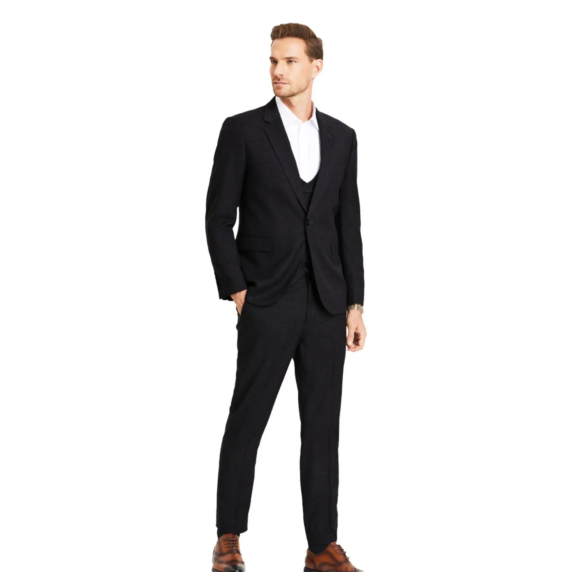 Men’s 3-Piece Slim Fit Textured Suit with Satin Peak Lapel - Black
