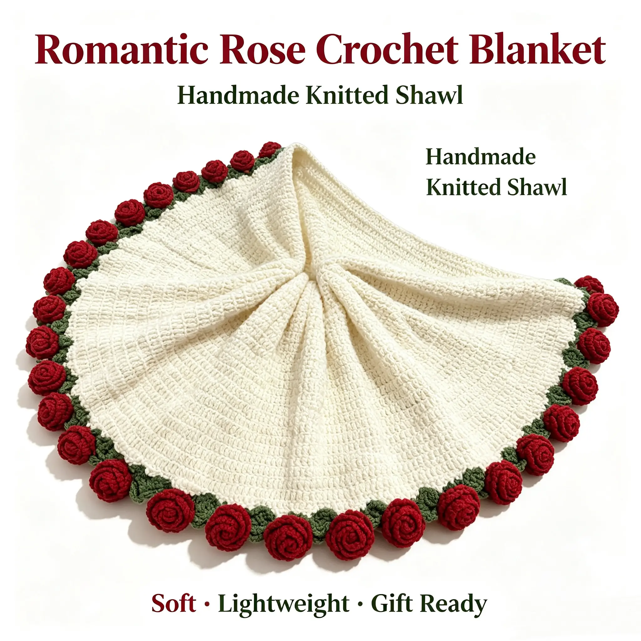Christmas Romantic 3D Rose Crochet Blanket, Handmade Knitted Round Shawl Throw Blanket, Soft Lightweight Floral Edge Decorative Cover for Sofa Bed Holiday Xmas Gift