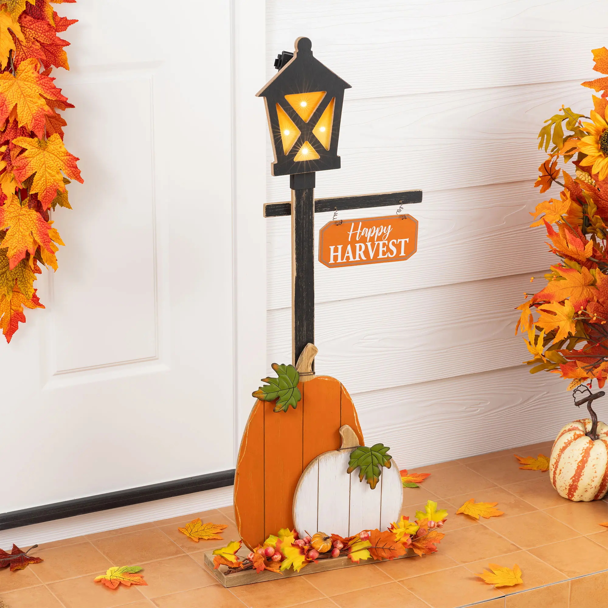 Glitzhome 36"H Rustic Fall/Halloween/Thanksgiving Wooden Lantern Lamp Post - Floor Mount Decorative Lighted Holiday Displays with Timer, Knock-Down LED Accents, Batteries, Decoration for Porch Entryway Farmhouse Porch Decoration Festive Decoration