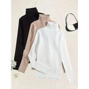 3 Packs Knitted Turtleneck Pullover Sweater, Long Sleeve Casual Solid Color Sweater For Fall & Winter, Women's Clothing