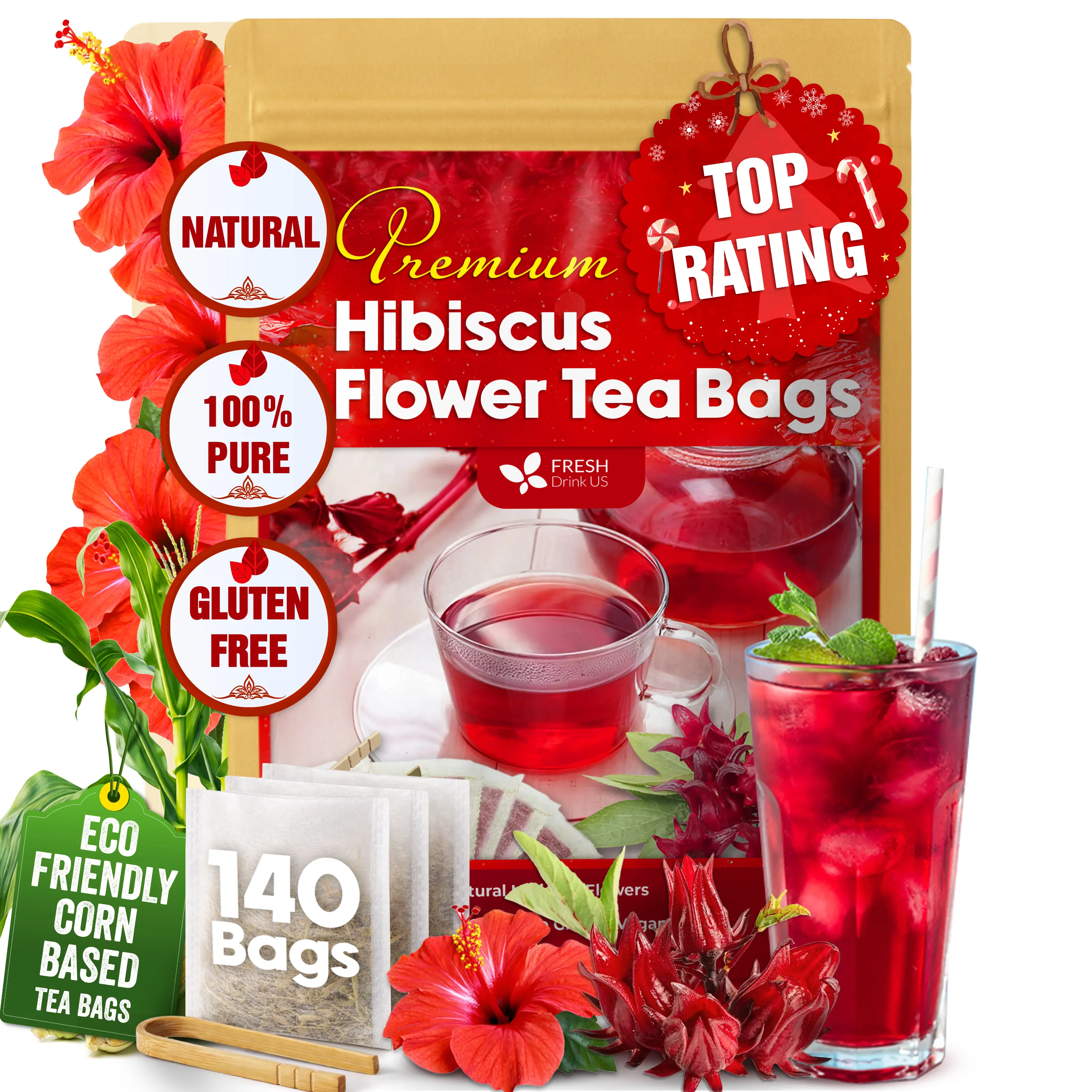 【FreshDrinkUS】 Premium Hibiscus Flowers Tea Bags, 100% Natural, Pure from Hibiscus Flowers. Loose Flower Hibiscus Herbal Tea. Hibiscus Flower Tea. No Sugar, No Caffeine, No Gluten, Vegan. hibiscus tea Beverage