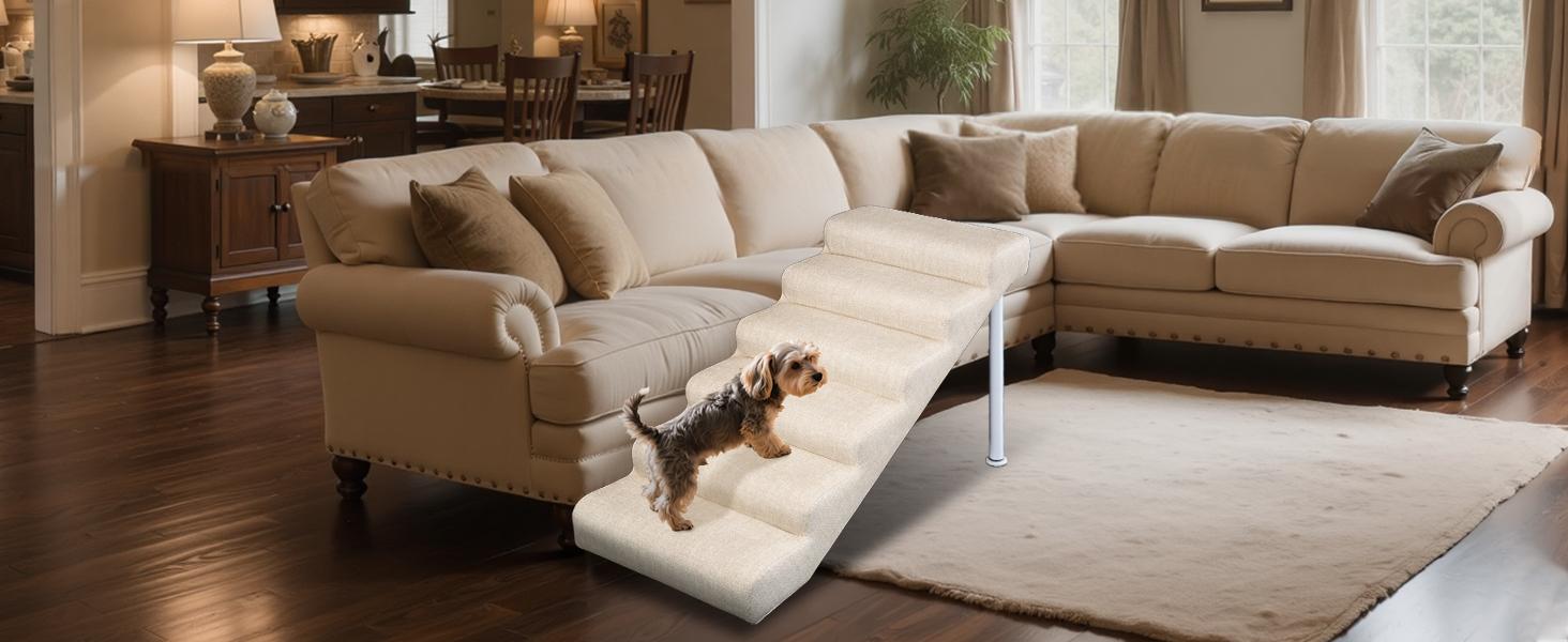 SLSY XL Foam Dog Stairs Ramp - Adjustable, Anti-Slip Bottom, Gentle Slope, Easy to Move, Waterproof, PE Support Board, Washable Removable Cover for Small/Senior Dogs (Holds Up to 150 lbs) - For High Beds, Couches