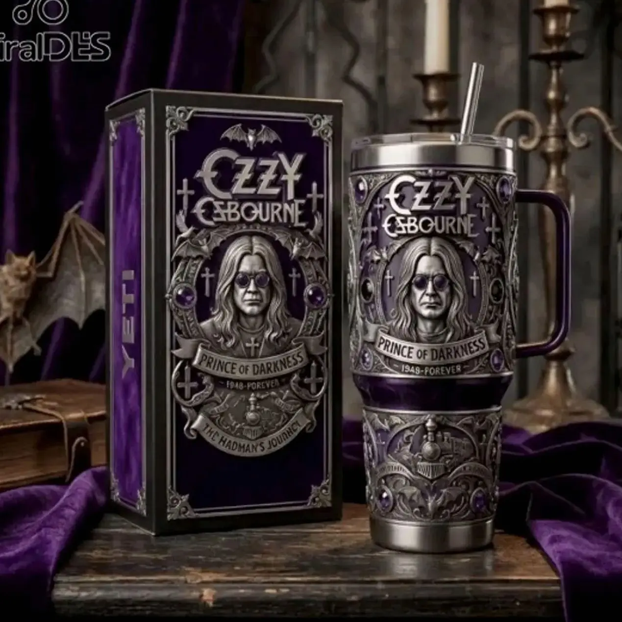Ozzy Osbourne Prince of Darkness Embossed Stainless Steel Handle Tumbler